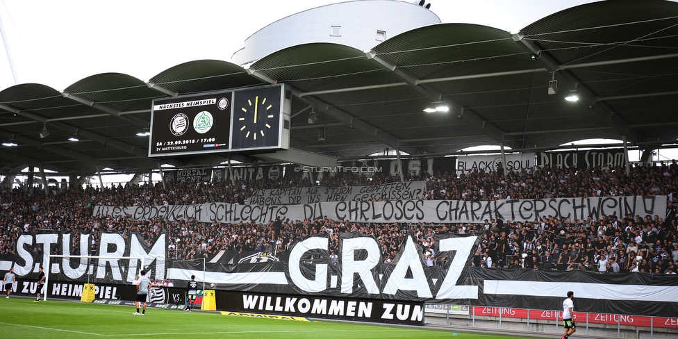 Sturm Graz - Rapid Wien
Oesterreichische Fussball Bundesliga, 6. Runde, SK Sturm Graz - SK Rapid Wien, Stadion Liebenau Graz, 02.09.2018. 

Foto zeigt Fans von Sturm mit einem Spruchband
