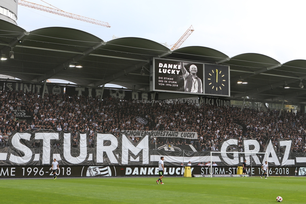 Sturm Graz - Rapid Wien
Oesterreichische Fussball Bundesliga, 6. Runde, SK Sturm Graz - SK Rapid Wien, Stadion Liebenau Graz, 02.09.2018. 

Foto zeigt Fans von Sturm mit einem Spruchband
