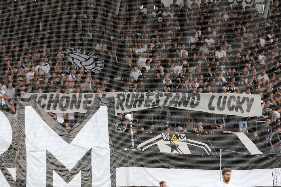 Sturm Graz - Rapid Wien
Oesterreichische Fussball Bundesliga, 6. Runde, SK Sturm Graz - SK Rapid Wien, Stadion Liebenau Graz, 02.09.2018. 

Foto zeigt Fans von Sturm mit einem Spruchband
