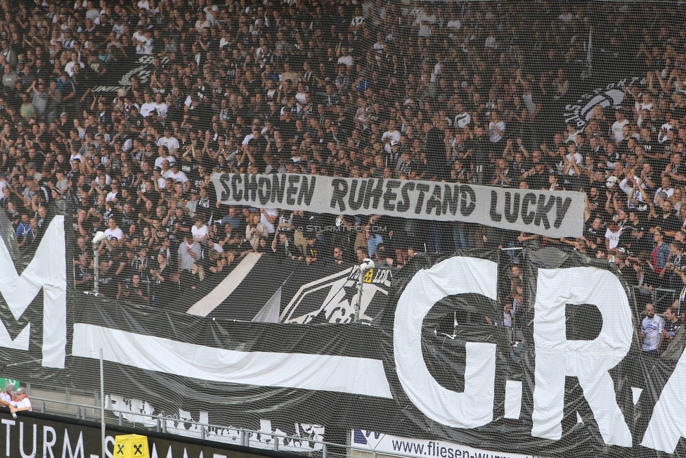 Sturm Graz - Rapid Wien
Oesterreichische Fussball Bundesliga, 6. Runde, SK Sturm Graz - SK Rapid Wien, Stadion Liebenau Graz, 02.09.2018. 

Foto zeigt Fans von Sturm mit einem Spruchband
