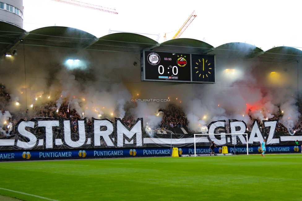 Sturm Graz - Rapid Wien
Oesterreichische Fussball Bundesliga, 6. Runde, SK Sturm Graz - SK Rapid Wien, Stadion Liebenau Graz, 02.09.2018. 

Foto zeigt Fans von Sturm mit einer Choreografie
Schlüsselwörter: pyrotechnik