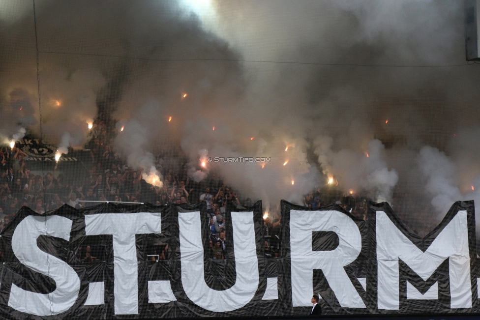 Sturm Graz - Rapid Wien
Oesterreichische Fussball Bundesliga, 6. Runde, SK Sturm Graz - SK Rapid Wien, Stadion Liebenau Graz, 02.09.2018. 

Foto zeigt Fans von Sturm mit einer Choreografie
Schlüsselwörter: pyrotechnik