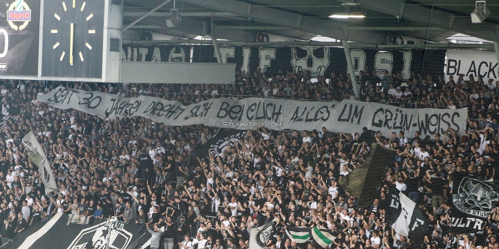 Sturm Graz - Rapid Wien
Oesterreichische Fussball Bundesliga, 6. Runde, SK Sturm Graz - SK Rapid Wien, Stadion Liebenau Graz, 02.09.2018. 

Foto zeigt Fans von Sturm mit einem Spruchband
