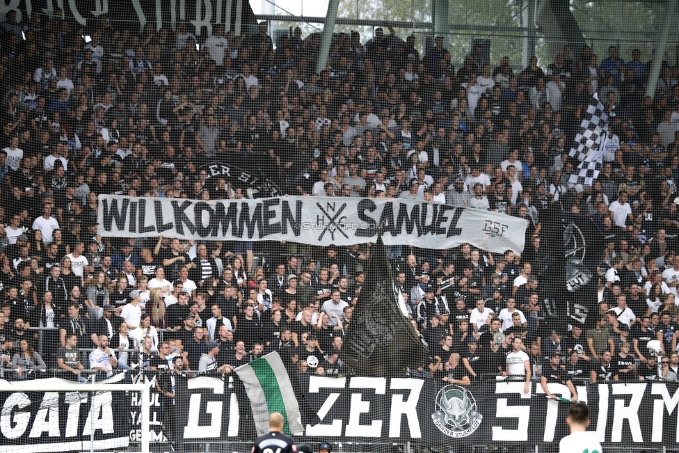 Sturm Graz - Rapid Wien
Oesterreichische Fussball Bundesliga, 6. Runde, SK Sturm Graz - SK Rapid Wien, Stadion Liebenau Graz, 02.09.2018. 

Foto zeigt Fans von Sturm mit einem Spruchband
