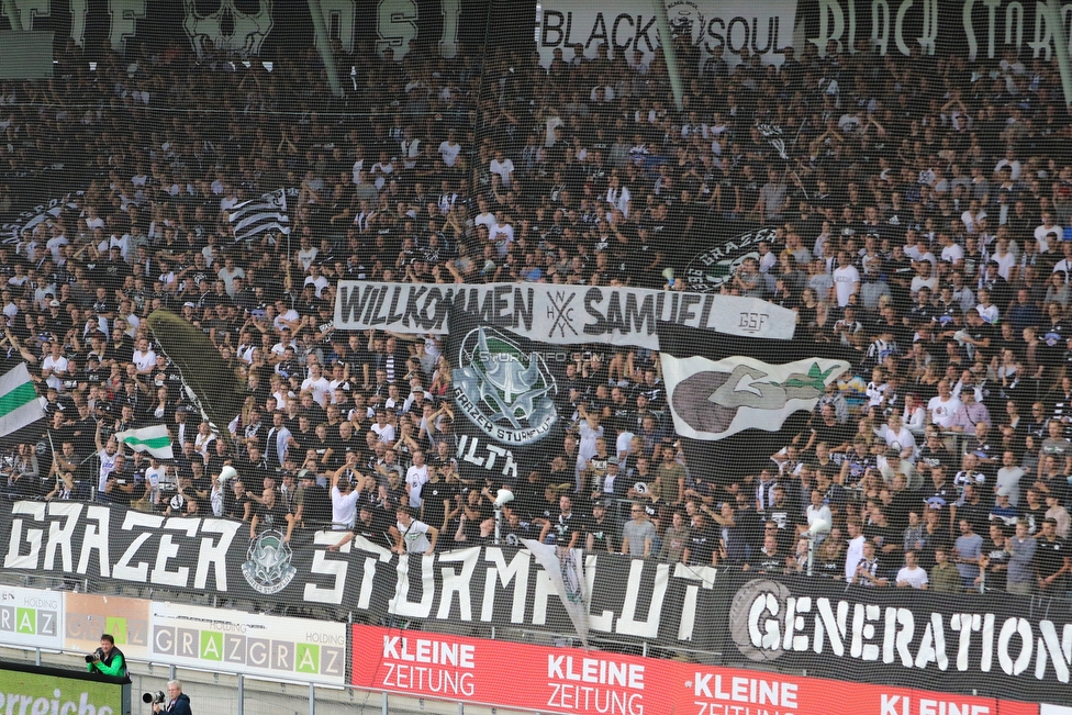 Sturm Graz - Rapid Wien
Oesterreichische Fussball Bundesliga, 6. Runde, SK Sturm Graz - SK Rapid Wien, Stadion Liebenau Graz, 02.09.2018. 

Foto zeigt Fans von Sturm mit einem Spruchband
