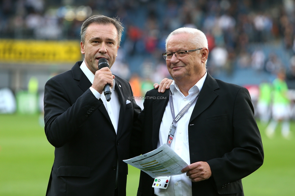 Sturm Graz - Rapid Wien
Oesterreichische Fussball Bundesliga, 6. Runde, SK Sturm Graz - SK Rapid Wien, Stadion Liebenau Graz, 02.09.2018. 

Foto zeigt Christian Jauk (Praesident Sturm) und Ludwig Krentl (Stadionsprecher Sturm)
