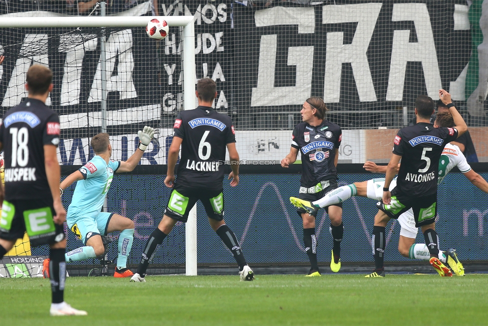 Sturm Graz - Rapid Wien
Oesterreichische Fussball Bundesliga, 6. Runde, SK Sturm Graz - SK Rapid Wien, Stadion Liebenau Graz, 02.09.2018. 

Foto zeigt Philipp Huspek (Sturm), Joerg Siebenhandl (Sturm), Markus Lackner (Sturm), Stefan Hierlaender (Sturm), Stefan Schwab (Rapid) und Anastasios Avlonitis (Sturm)
