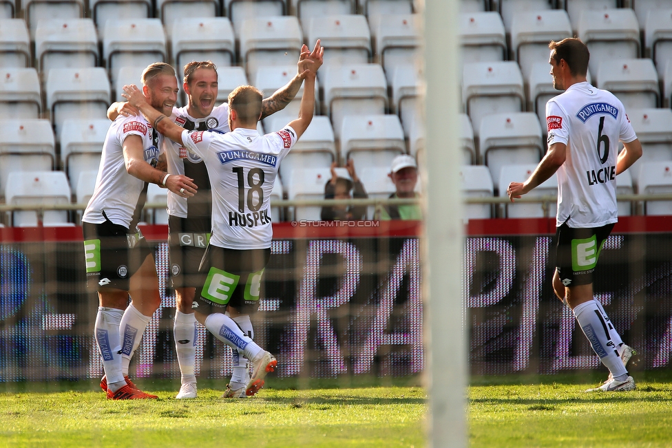 Admira Wacker - Sturm Graz
Oesterreichische Fussball Bundesliga, 7. Runde, FC Admira Wacker Moedling - SK Sturm Graz, Stadion Suedstadt Maria Enzersdorf, 15.09.2018. 

Foto zeigt Peter Zulj (Sturm), Lukas Spendlhofer (Sturm), Philipp Huspek (Sturm) und Markus Lackner (Sturm)
Schlüsselwörter: torjubel