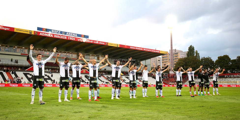 Admira Wacker - Sturm Graz
Oesterreichische Fussball Bundesliga, 7. Runde, FC Admira Wacker Moedling - SK Sturm Graz, Stadion Suedstadt Maria Enzersdorf, 15.09.2018. 

Foto zeigt die Mannschaft von Sturm
Schlüsselwörter: jubel