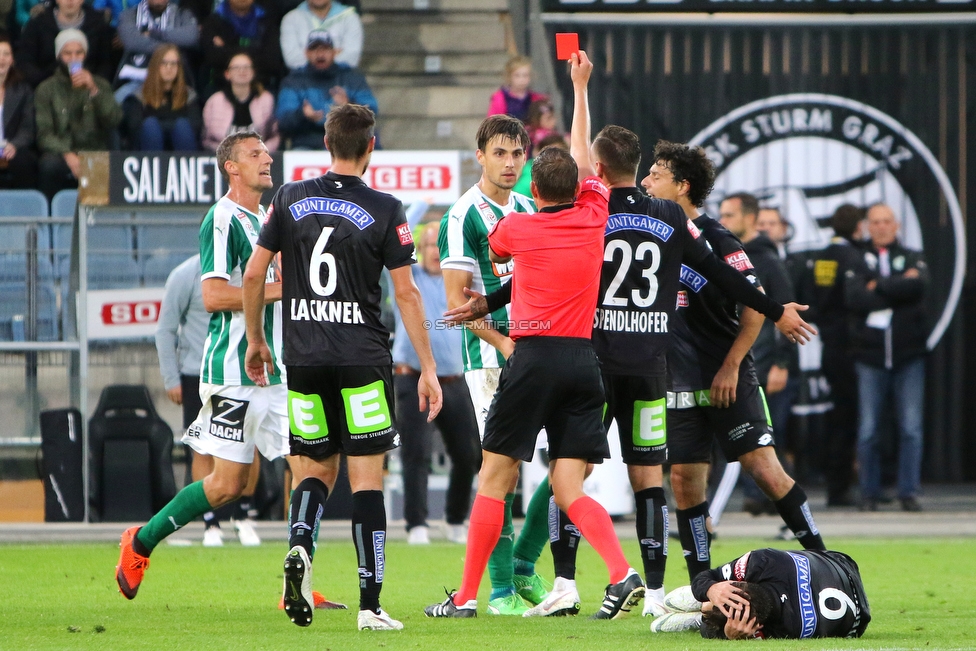 Sturm Graz - Mattersburg
Oesterreichische Fussball Bundesliga, 8. Runde, SK Sturm Graz - SV Mattersburg, Stadion Liebenau Graz, 22.09.2018. 

Foto zeigt Markus Lackner (Sturm), Thorsten Mahrer (Mattersburg), Schiedsrichter Sebastian Gishammer,  Lukas Spendlhofer (Sturm), Philipp Hosiner (Sturm) und Otar Kiteishvili (Sturm)
Schlüsselwörter: rote