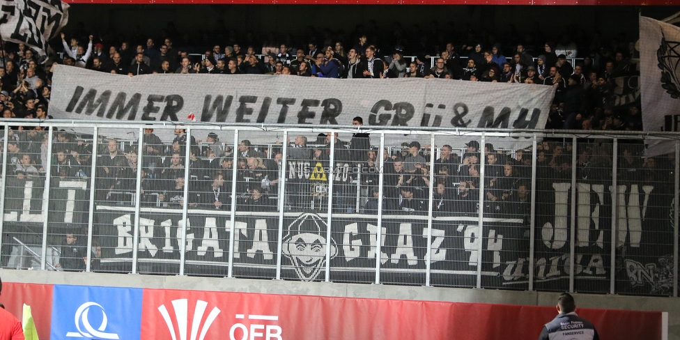 Austria Wien - Sturm Graz
OEFB Cup, 2. Runde, FK Austria Wien - SK Sturm Graz, Franz Horr Stadion Wien, 26.09.2018. 

Foto zeigt Fans von Sturm mit einem Spruchband
