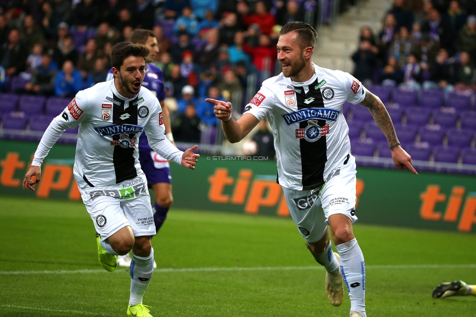 Austria Wien - Sturm Graz
Oesterreichische Fussball Bundesliga, 11. Runde, FK Austria Wien - SK Sturm Graz, Franz Horr Stadion Wien, 21.10.2018. 

Foto zeigt Otar Kiteishvili (Sturm) und Peter Zulj (Sturm)
Schlüsselwörter: torjubel