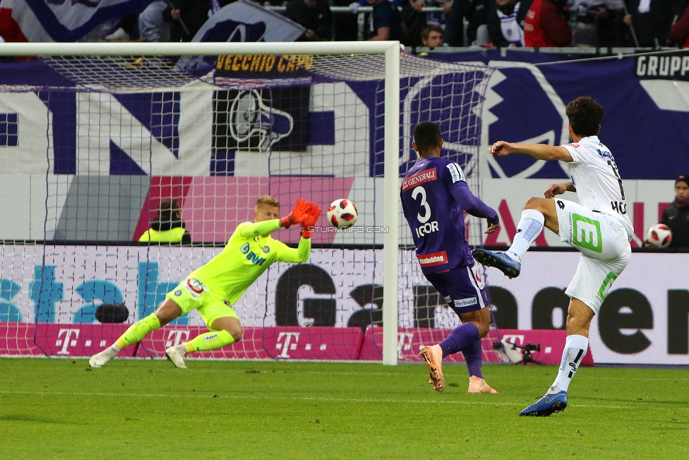 Austria Wien - Sturm Graz
Oesterreichische Fussball Bundesliga, 11. Runde, FK Austria Wien - SK Sturm Graz, Franz Horr Stadion Wien, 21.10.2018. 

Foto zeigt Patrick Pentz (Austria), Igor Julio Dos Santos De Paulo (Austria) und Philipp Hosiner (Sturm)
