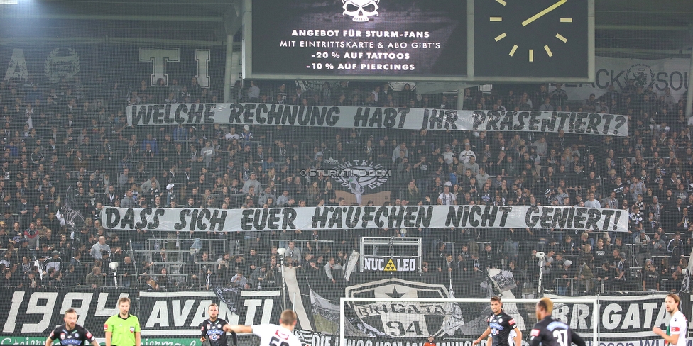 Sturm Graz - Innsbruck
Oesterreichische Fussball Bundesliga, 13. Runde, SK Sturm Graz - FC Wacker Innsbruck, Stadion Liebenau Graz, 03.11.2018. 

Foto zeigt Fans von Sturm mit einem Spruchband
