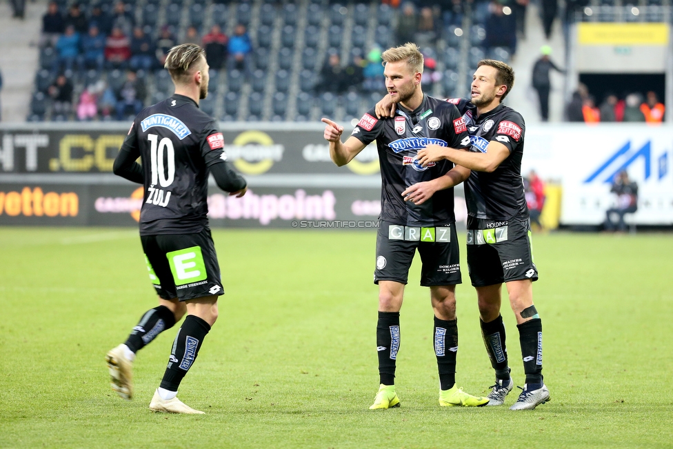 Altach - Sturm Graz
Oesterreichische Fussball Bundesliga, 15. Runde, SCR Altach - SK Sturm Graz, Stadion Schnabelholz Altach, 25.11.2018. 

Foto zeigt Peter Zulj (Sturm), Lukas Grozurek (Sturm) und Thomas Schrammel (Sturm)
Schlüsselwörter: torjubel