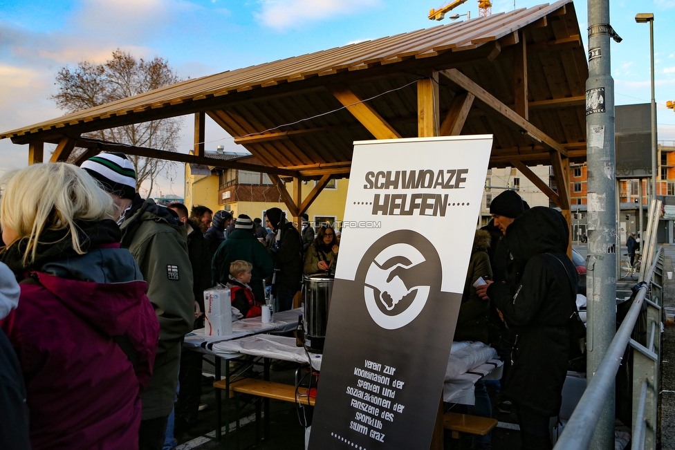 Sturm Graz - Admira Wacker
Oesterreichische Fussball Bundesliga, 18. Runde, SK Sturm Graz - FC Admira Wacker Moedling, Stadion Liebenau Graz, 15.12.2018. 

Foto zeigt den Gluehweinstand von Schwoaze Helfen
