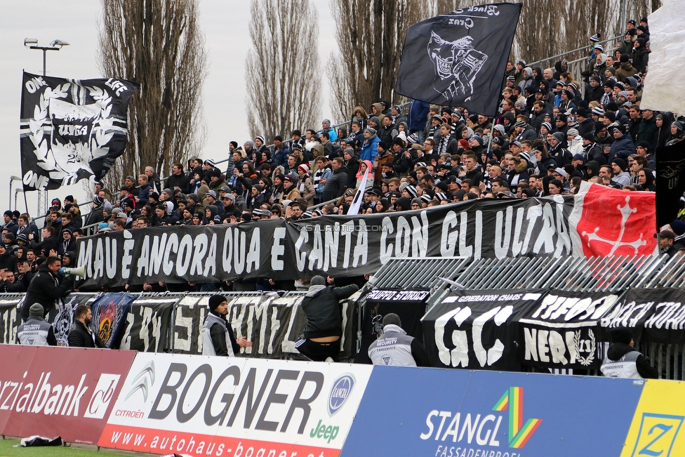 Mattersburg - Sturm Graz
Oesterreichische Fussball Bundesliga, 19. Runde, SV Mattersburg - SK Sturm Graz, Pappelstadion Mattersburg, 24.02.2019. 

Foto zeigt Fans von Sturm mit einem Spruchband
