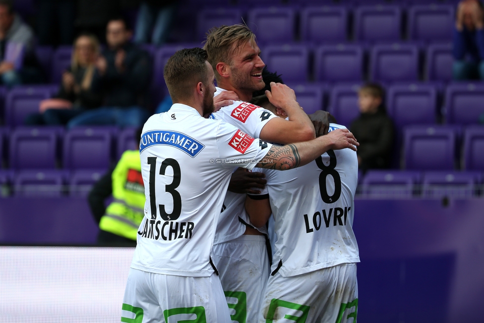 Austria Wien - Sturm Graz
Oesterreichische Fussball Bundesliga, 24. Runde, FK Austria Wien - SK Sturm Graz, Franz Horr Stadion Wien, 07.04.2019. 

Foto zeigt Jakob Jantscher (Sturm), Lukas Grozurek (Sturm) und Sandi Lovric (Sturm)
Schlüsselwörter: torjubel