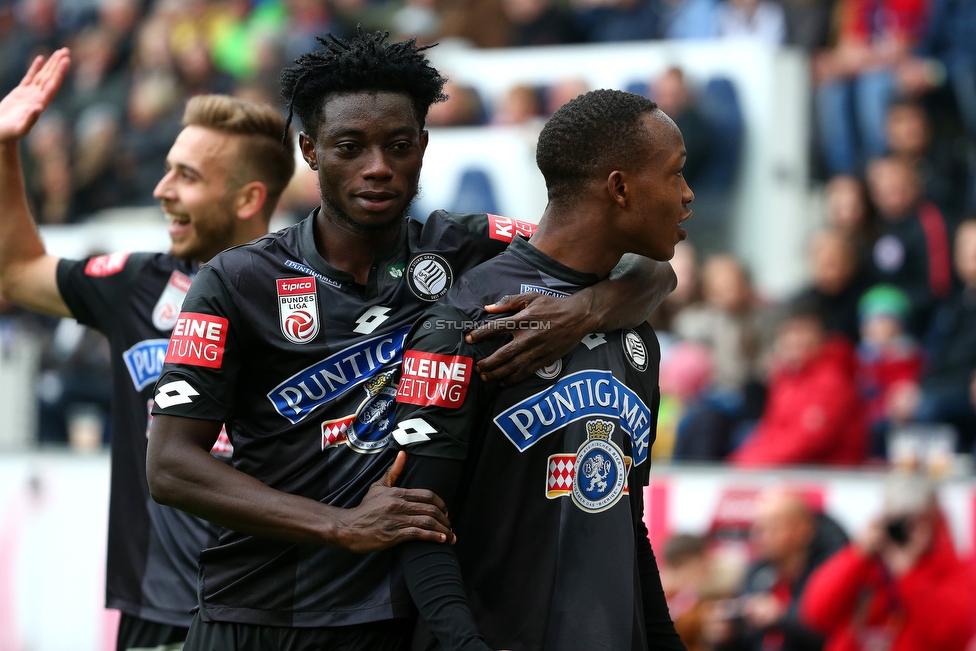 RB Salzburg - Sturm Graz
Oesterreichische Fussball Bundesliga, 25. Runde, FC RB Salzburg - SK Sturm Graz, Franz Horr Stadion Wien, 14.04.2019. 

Foto zeigt Gideon Mensah (Sturm) und Michael John Lema (Sturm)
Schlüsselwörter: torjubel