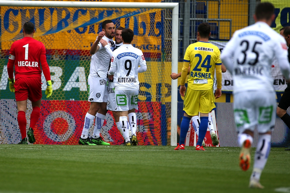 St. Poelten - Sturm Graz
Oesterreichische Fussball Bundesliga, 29. Runde, SKN St. Poelten - SK Sturm Graz, Arena St. Poelten, 05.05.2019. 

Foto zeigt Christoph Riegler (St. Poelten), Markus Pink (Sturm), Jakob Jantscher (Sturm), Otar Kiteishvili (Sturm) und Martin Rasner (St. Poelten)
