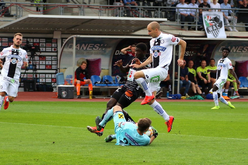 Wolfsberg - Sturm Graz
Oesterreichische Fussball Bundesliga, 32. Runde, Wolfsberger AC - SK Sturm Graz, Lavanttal Arena Wolfsberg, 26.05.2019. 

Foto zeigt Joerg Siebenhandl (Sturm) und Fabian Koch (Sturm)
