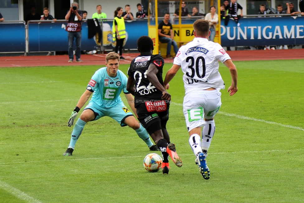 Wolfsberg - Sturm Graz
Oesterreichische Fussball Bundesliga, 32. Runde, Wolfsberger AC - SK Sturm Graz, Lavanttal Arena Wolfsberg, 26.05.2019. 

Foto zeigt Joerg Siebenhandl (Sturm), Sekou Koita (Wolfsberg) und Ivan Ljubic (Sturm)
