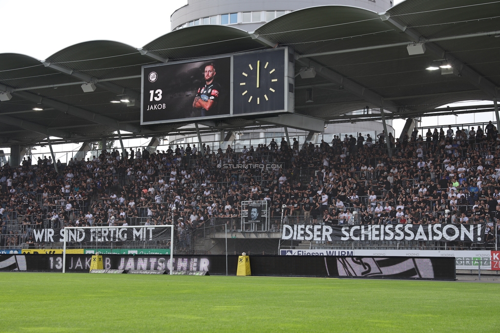 Sturm Graz - Rapid Wien
Oesterreichische Fussball Bundesliga, 35. Runde Europa League Play-Off, SK Sturm Graz - SK Rapid Wien, Stadion Liebenau Graz, 02.06.2019. 

Foto zeigt Fans von Sturm mit einem Spruchband
Schlüsselwörter: protest