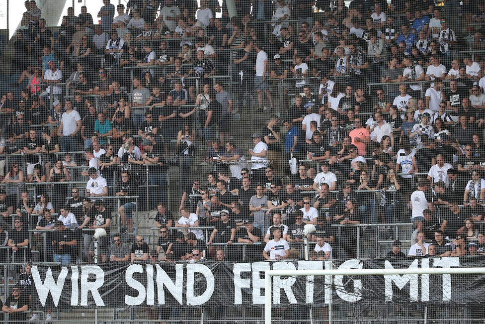 Sturm Graz - Rapid Wien
Oesterreichische Fussball Bundesliga, 35. Runde Europa League Play-Off, SK Sturm Graz - SK Rapid Wien, Stadion Liebenau Graz, 02.06.2019. 

Foto zeigt Fans von Sturm mit einem Spruchband
Schlüsselwörter: protest