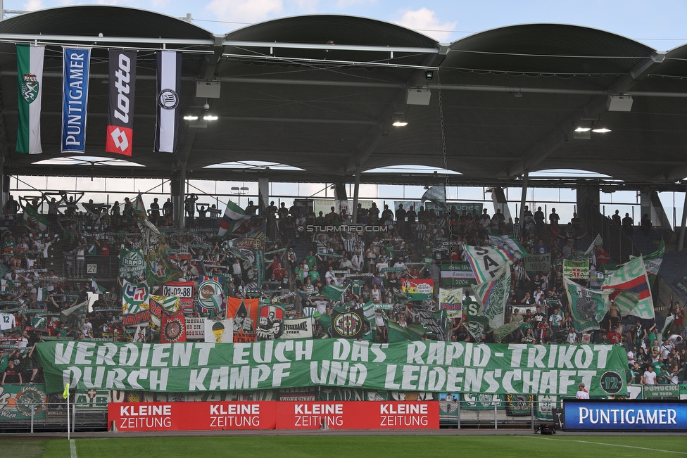 Sturm Graz - Rapid Wien
Oesterreichische Fussball Bundesliga, 35. Runde Europa League Play-Off, SK Sturm Graz - SK Rapid Wien, Stadion Liebenau Graz, 02.06.2019. 

Foto zeigt Fans von Rapid mit einem Spruchband
