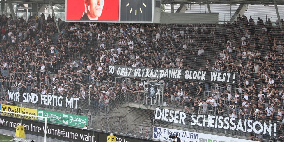 Sturm Graz - Rapid Wien
Oesterreichische Fussball Bundesliga, 35. Runde Europa League Play-Off, SK Sturm Graz - SK Rapid Wien, Stadion Liebenau Graz, 02.06.2019. 

Foto zeigt Fans von Sturm mit einem Spruchband
