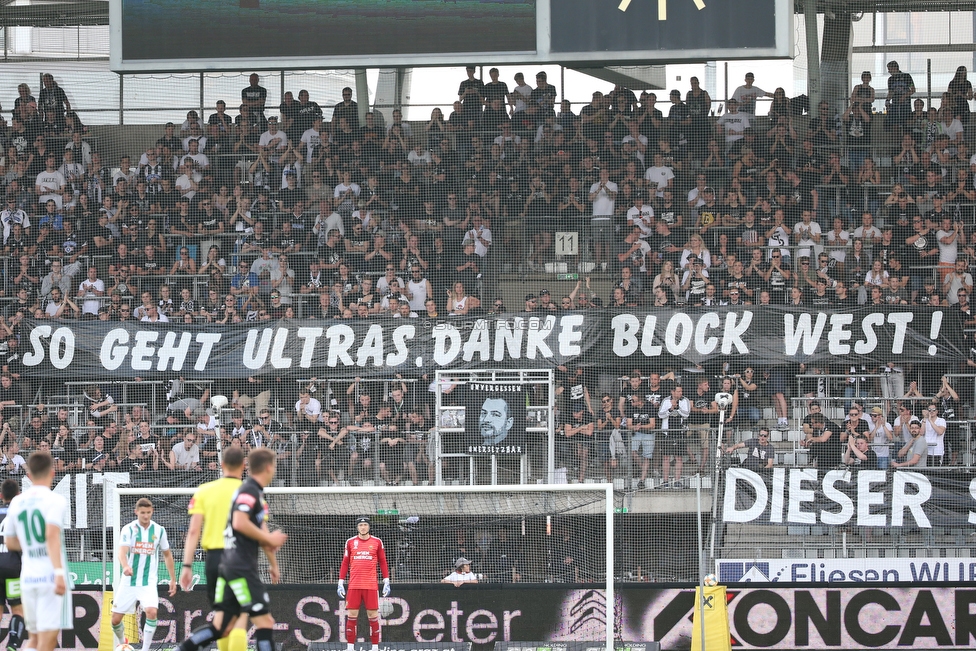 Sturm Graz - Rapid Wien
Oesterreichische Fussball Bundesliga, 35. Runde Europa League Play-Off, SK Sturm Graz - SK Rapid Wien, Stadion Liebenau Graz, 02.06.2019. 

Foto zeigt Fans von Sturm mit einem Spruchband
