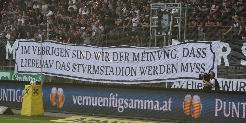 Sturm Graz - Rapid Wien
Oesterreichische Fussball Bundesliga, 35. Runde Europa League Play-Off, SK Sturm Graz - SK Rapid Wien, Stadion Liebenau Graz, 02.06.2019. 

Foto zeigt Fans von Sturm mit einem Spruchband
Schlüsselwörter: protest