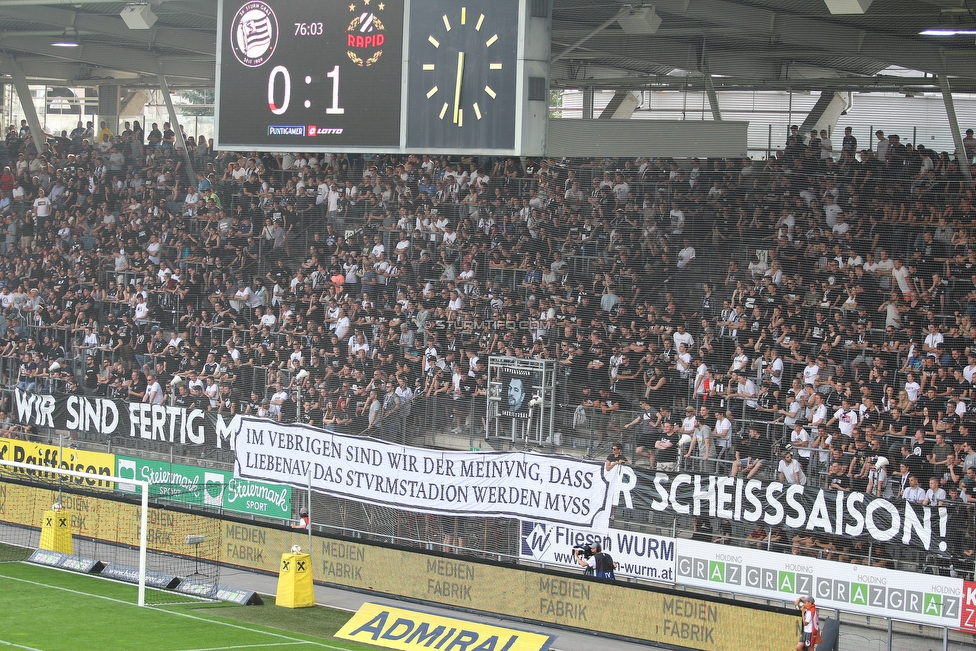 Sturm Graz - Rapid Wien
Oesterreichische Fussball Bundesliga, 35. Runde Europa League Play-Off, SK Sturm Graz - SK Rapid Wien, Stadion Liebenau Graz, 02.06.2019. 

Foto zeigt Fans von Sturm mit einem Spruchband
Schlüsselwörter: protest