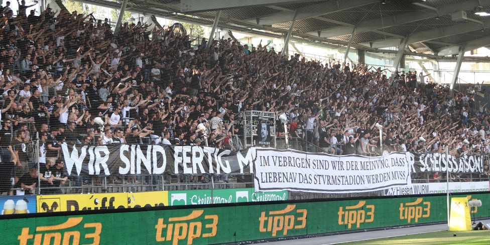 Sturm Graz - Rapid Wien
Oesterreichische Fussball Bundesliga, 35. Runde Europa League Play-Off, SK Sturm Graz - SK Rapid Wien, Stadion Liebenau Graz, 02.06.2019. 

Foto zeigt Fans von Sturm mit einem Spruchband
Schlüsselwörter: protest