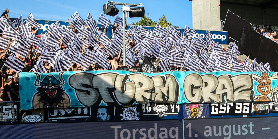 Haugesund - Sturm Graz
UEFA Europa League Qualifikation 2. Runde, FK Haugesund - SK Sturm Graz, Haugesund Stadion, 25.07.2019. 

Foto zeigt Fans von Sturm mit einer Choreografie
