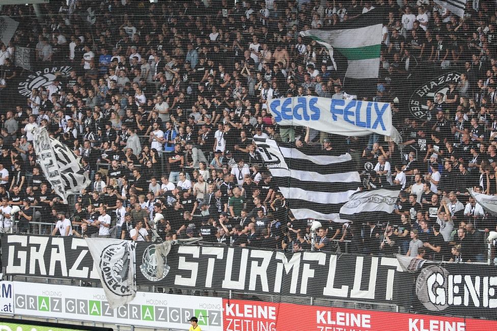 Oesterreichische Fussball Bundesliga, 1. Runde, SK Sturm Graz - SKN St. Poelten, Stadion Liebenau Graz, 28.07.2019. 

Foto zeigt Fans von Sturm mit einem Spruchband
Schlüsselwörter: sturmflut baby