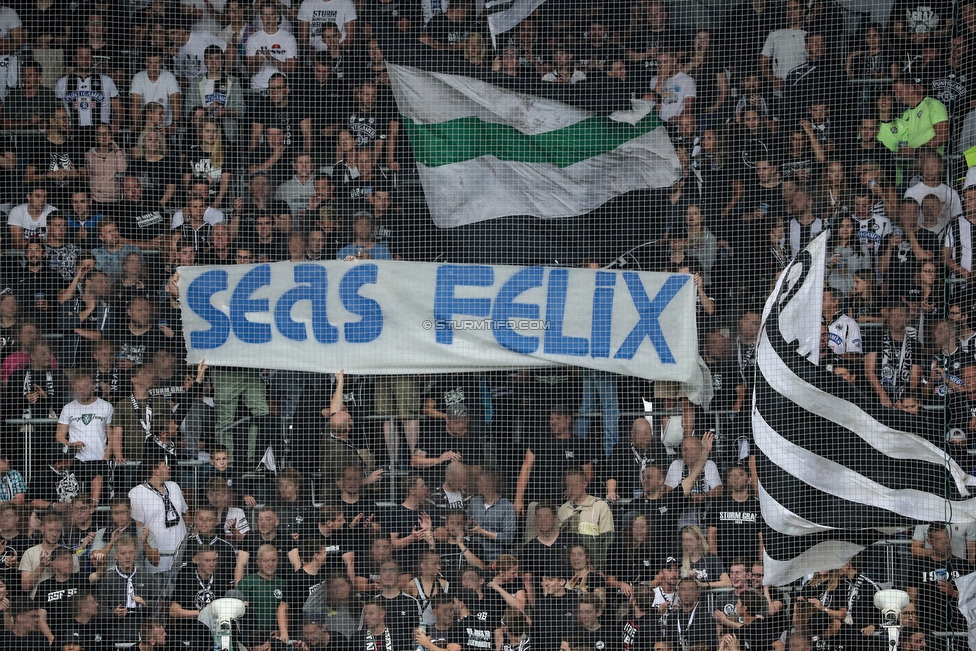 Oesterreichische Fussball Bundesliga, 1. Runde, SK Sturm Graz - SKN St. Poelten, Stadion Liebenau Graz, 28.07.2019. 

Foto zeigt Fans von Sturm mit einem Spruchband
Schlüsselwörter: sturmflut baby