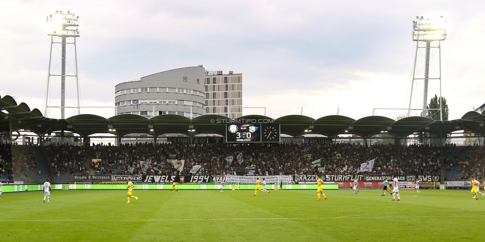 Oesterreichische Fussball Bundesliga, 1. Runde, SK Sturm Graz - SKN St. Poelten, Stadion Liebenau Graz, 28.07.2019. 

Foto zeigt Fans von Sturm mit einem Spruchband
