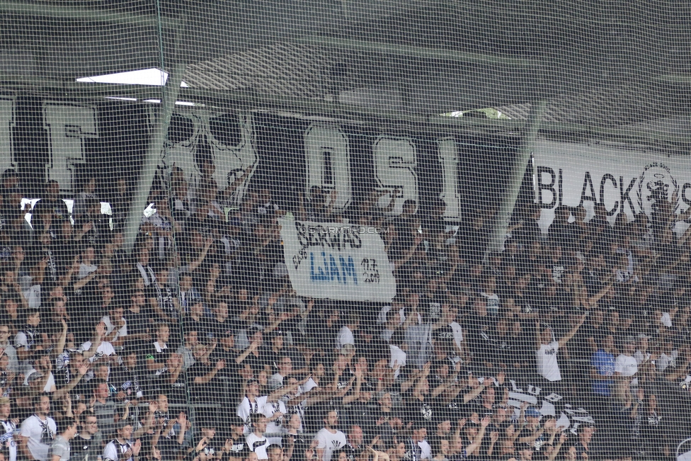 Oesterreichische Fussball Bundesliga, 1. Runde, SK Sturm Graz - SKN St. Poelten, Stadion Liebenau Graz, 28.07.2019. 

Foto zeigt Fans von Sturm mit einem Spruchband
Schlüsselwörter: extrema baby