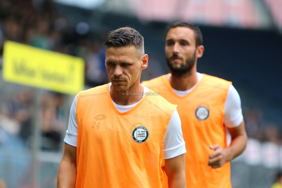 Oesterreichische Fussball Bundesliga, 1. Runde, SK Sturm Graz - SKN St. Poelten, Stadion Liebenau Graz, 28.07.2019. 

Foto zeigt Christoph Leitgeb (Sturm) und Markus Pink (Sturm)
