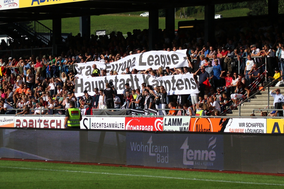 Wolfsberg - Sturm Graz
Oesterreichische Fussball Bundesliga, 2. Runde, Wolfsberger AC - SK Sturm Graz, Lavanttal Arena Wolfsberg, 04.08.2019. 

Foto zeigt Fans von Wolfsberg mit einem Spruchband
Schlüsselwörter: europaleague