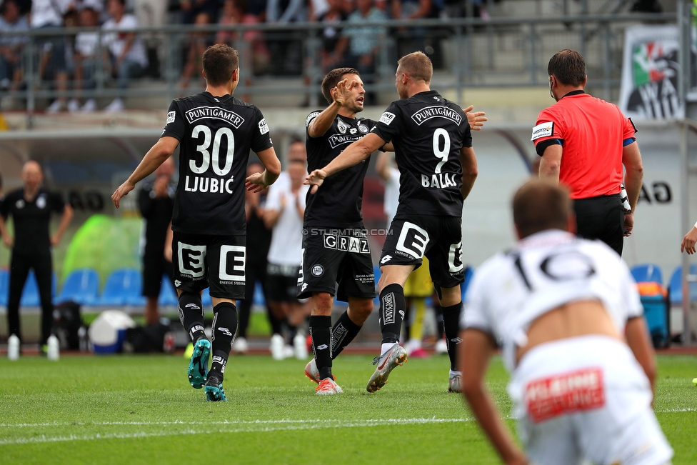 Wolfsberg - Sturm Graz
Oesterreichische Fussball Bundesliga, 2. Runde, Wolfsberger AC - SK Sturm Graz, Lavanttal Arena Wolfsberg, 04.08.2019. 

Foto zeigt Ivan Ljubic (Sturm), Thomas Schrammel (Sturm) und Bekim Balaj (Sturm)
Schlüsselwörter: torjubel