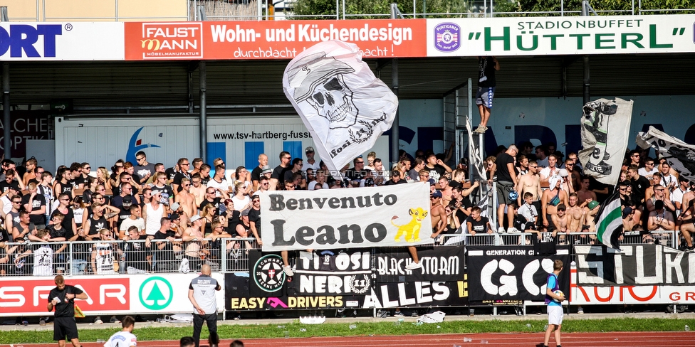 Hartberg - Sturm Graz
Oesterreichische Fussball Bundesliga, 3. Runde, TSV Hartberg - SK Sturm Graz, Stadion Hartberg, 1108.2019. 

Foto zeigt Fans von Sturm mit einem Spruchband
Schlüsselwörter: tifosi baby