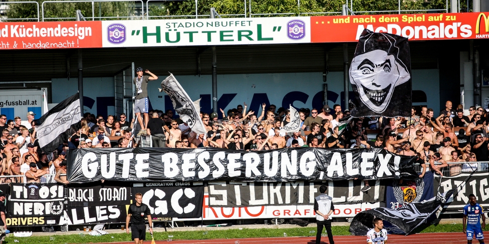 Hartberg - Sturm Graz
Oesterreichische Fussball Bundesliga, 3. Runde, TSV Hartberg - SK Sturm Graz, Stadion Hartberg, 1108.2019. 

Foto zeigt Fans von Sturm mit einem Spruchband
Schlüsselwörter: fasching