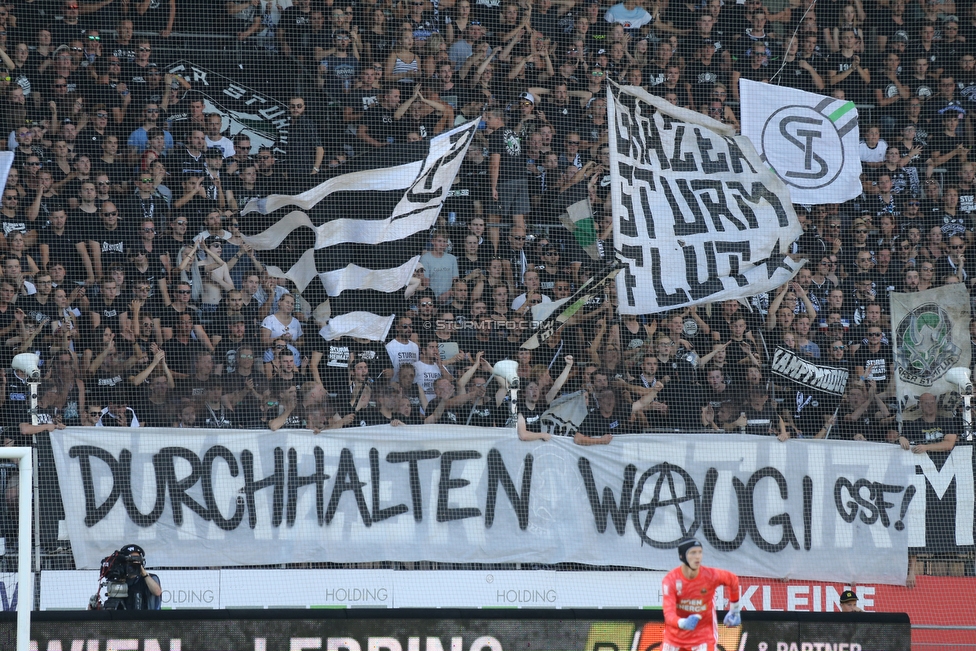 Sturm Graz - Rapid Wien
Oesterreichische Fussball Bundesliga, 4. Runde, SK Sturm Graz - SK Rapid Wien, Stadion Liebenau Graz, 18.08.2019. 

Foto zeigt Fans von Sturm mit einem Spruchband
Schlüsselwörter: sturmflut