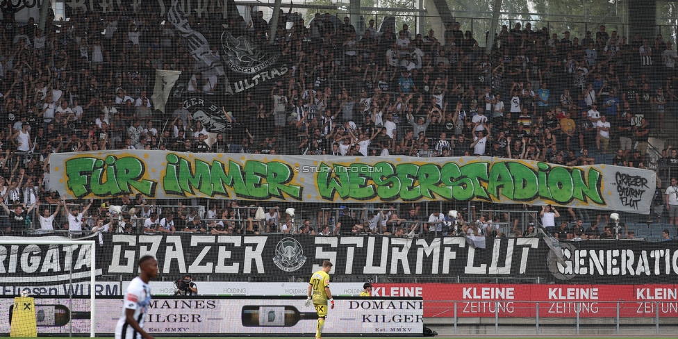 Sturm Graz - Tirol
Oesterreichische Fussball Bundesliga, 5. Runde, SK Sturm Graz - WSG Tirol, Stadion Liebenau Graz, 25.08.2019. 

Foto zeigt Fans von Sturm mit einem Spruchband
Schlüsselwörter: bremen