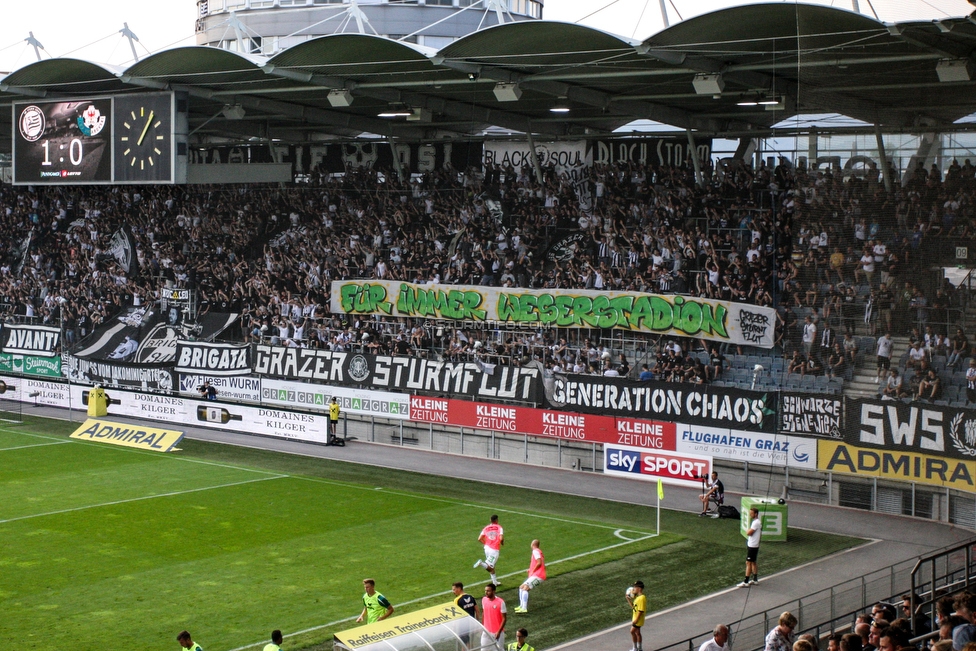 Sturm Graz - Tirol
Oesterreichische Fussball Bundesliga, 5. Runde, SK Sturm Graz - WSG Tirol, Stadion Liebenau Graz, 25.08.2019. 

Foto zeigt Fans von Sturm mit einem Spruchband
Schlüsselwörter: bremen