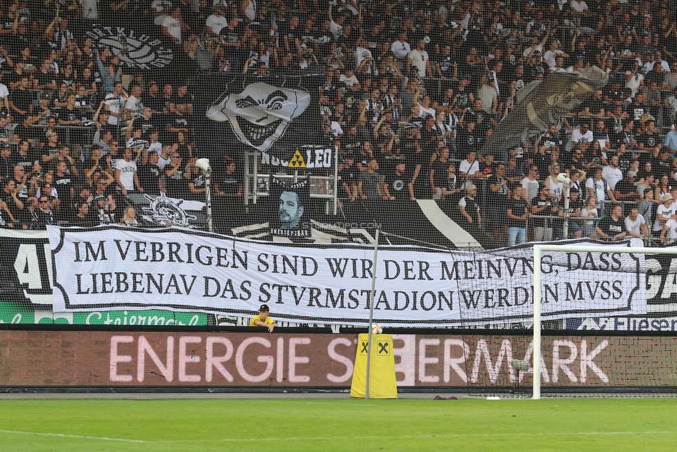 Sturm Graz - Tirol
Oesterreichische Fussball Bundesliga, 5. Runde, SK Sturm Graz - WSG Tirol, Stadion Liebenau Graz, 25.08.2019. 

Foto zeigt Fans von Sturm mit einem Spruchband
Schlüsselwörter: protest sturmstadion