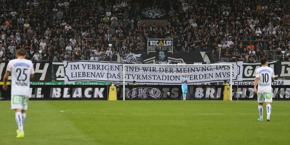 Sturm Graz - LASK
Oesterreichische Fussball Bundesliga, 7. Runde, SK Sturm Graz - LASK, Stadion Liebenau Graz, 14.09.2019. 

Foto zeigt Fans von Sturm mit einem Spruchband
Schlüsselwörter: protest sturmstadion