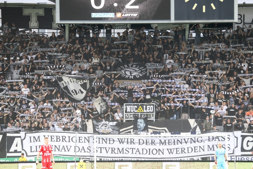 Sturm Graz - LASK
Oesterreichische Fussball Bundesliga, 7. Runde, SK Sturm Graz - LASK, Stadion Liebenau Graz, 14.09.2019. 

Foto zeigt Fans von Sturm mit einem Spruchband 
Schlüsselwörter: protest sturmstadion brigata schals